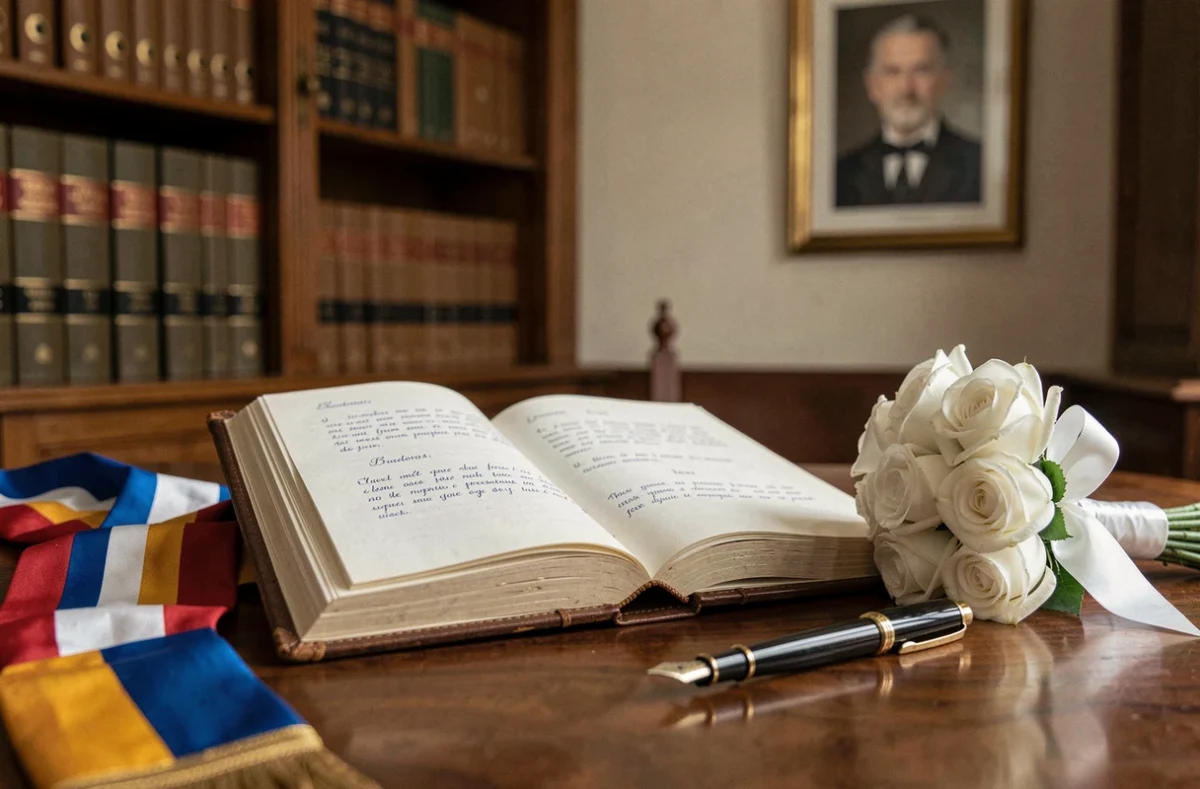 Livre de cérémonie de mariage civil ouvert avec écharpe tricolore et stylo plume sur un bureau de mairie