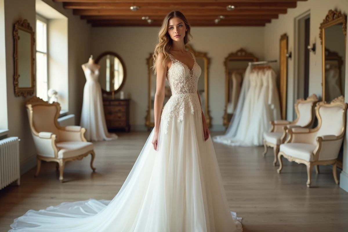 Mariée en robe de dentelle ivoire dans une boutique de location de robes de mariée à Strasbourg avec décor alsacien