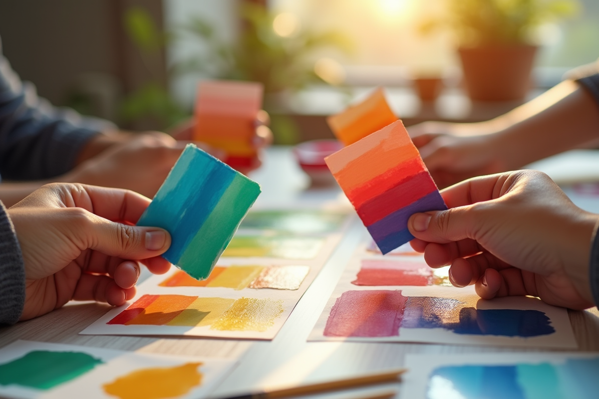 Quatre mains tenant des échantillons de couleurs vives dans un espace lumineux