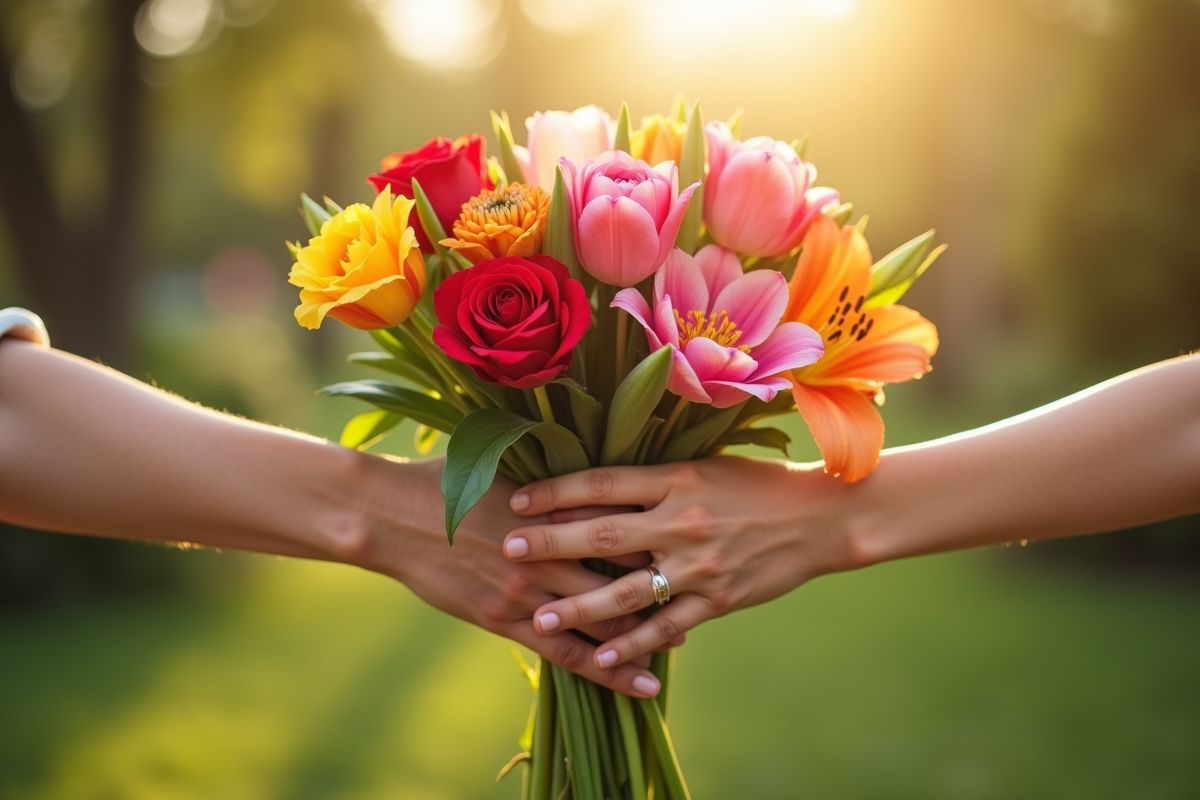 Mains entrelacees tenant un bouquet de fleurs symboliques