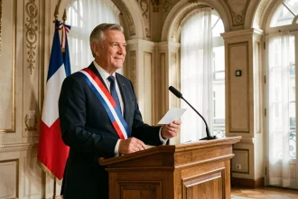 Maire en écharpe tricolore prononçant un discours de mariage à la mairie lors d'une cérémonie civile officielle