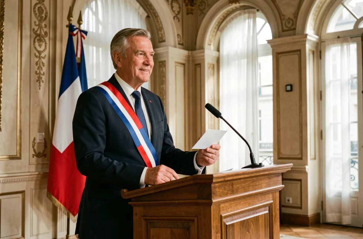 Maire en écharpe tricolore prononçant un discours de mariage à la mairie lors d'une cérémonie civile officielle
