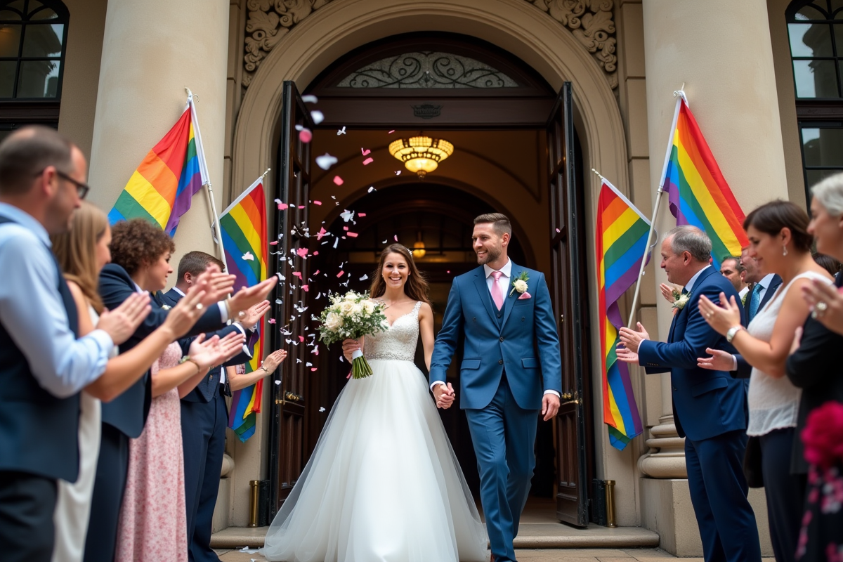 Couple gay sortant de la mairie décorée avec des drapeaux arc-en-ciel