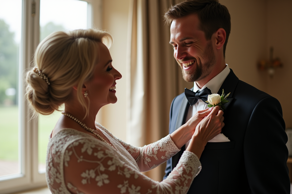 Mère aidant son fils à ajuster sa boutonnière avant le mariage