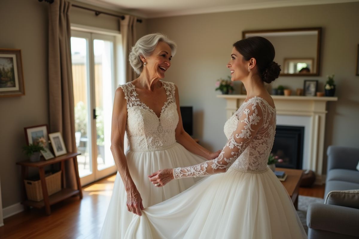 Maman souriante tenant la robe de mariée dans le salon