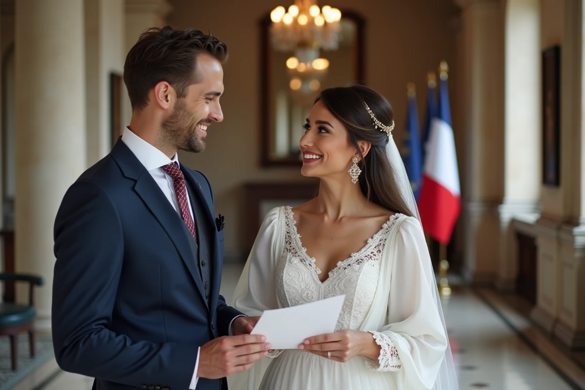 Couple franco-albanais en tenue traditionnelle et costume lors d'une cérémonie civile dans une mairie française