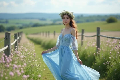 Jeune femme en robe de mari&eacute;e boh&egrave;me dans un champ de fleurs