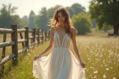 Femme en robe de mariage boh&egrave;me dans un pr&eacute; ensoleille