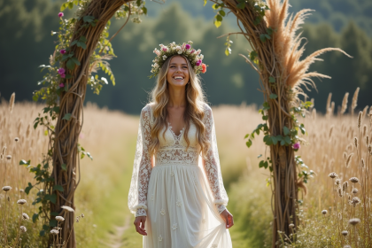 Jeune mariée en robe bohème avec couronne de fleurs dans un champ