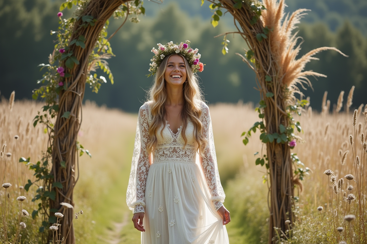 Jeune mariée en robe bohème avec couronne de fleurs dans un champ