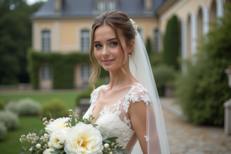 Jeune mariée en robe de dentelle avec bouquet de pivoines