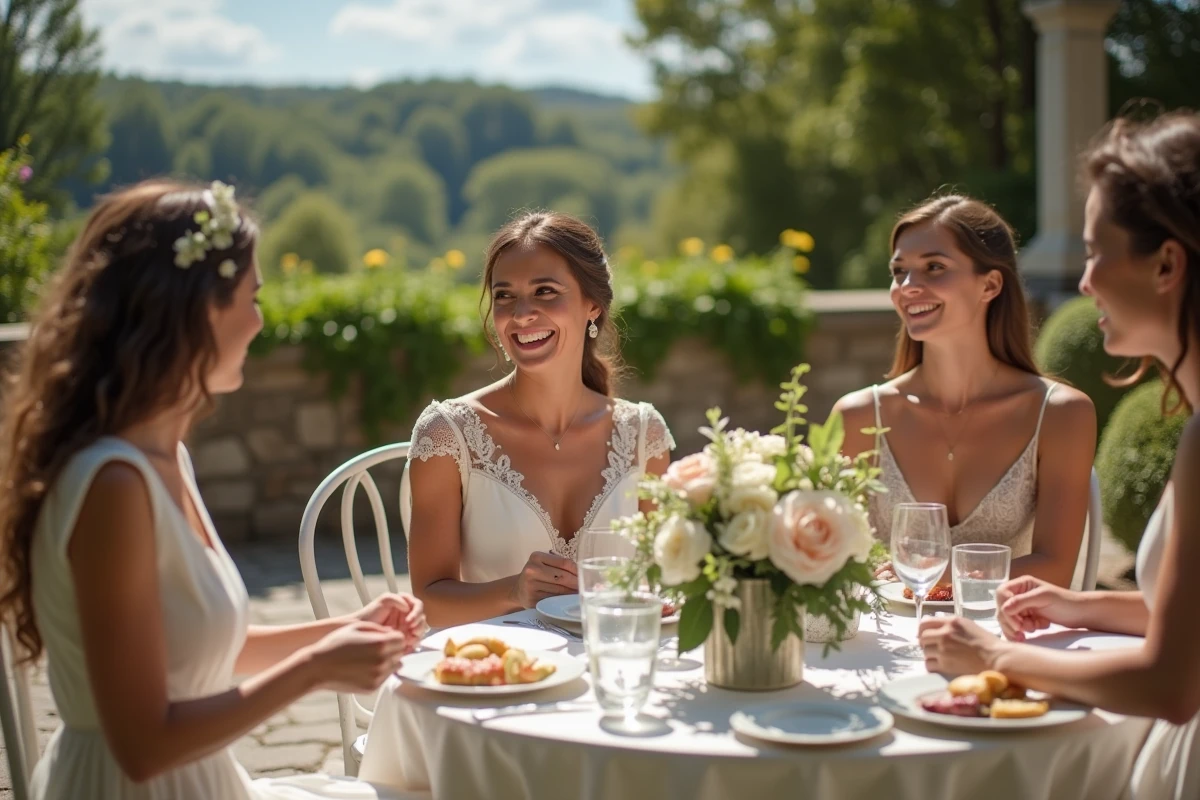 Femme en robe moderne riant avec ses amies au brunch