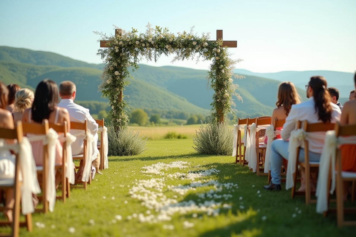Cérémonie de mariage en plein air dans un champ ensoleille avec arch en fleurs