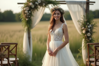 Jeune mariée en robe de dentelle dans un champ