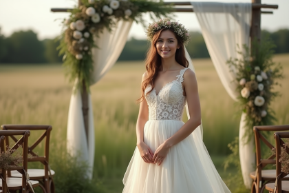 Jeune mariée en robe de dentelle dans un champ