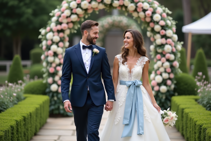 Jeune couple de mariés dans un jardin romantique