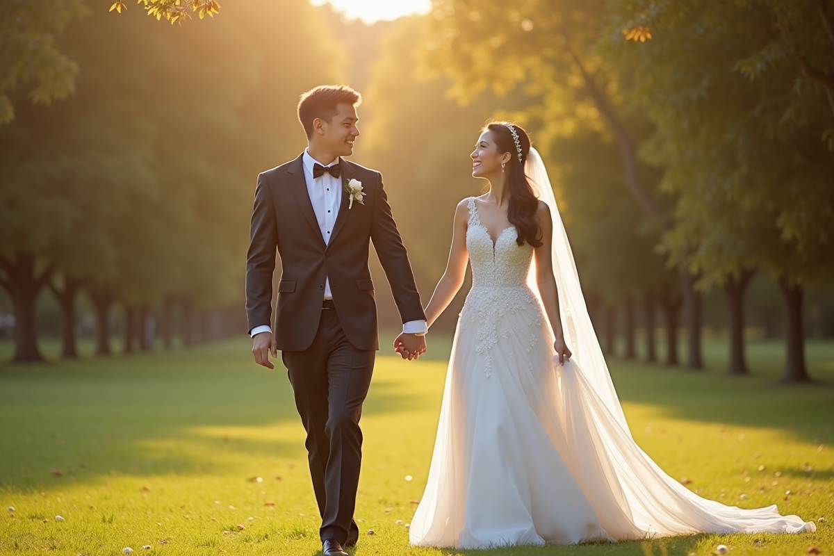 Couple marié marchant dans un parc ensoleille avec sourire