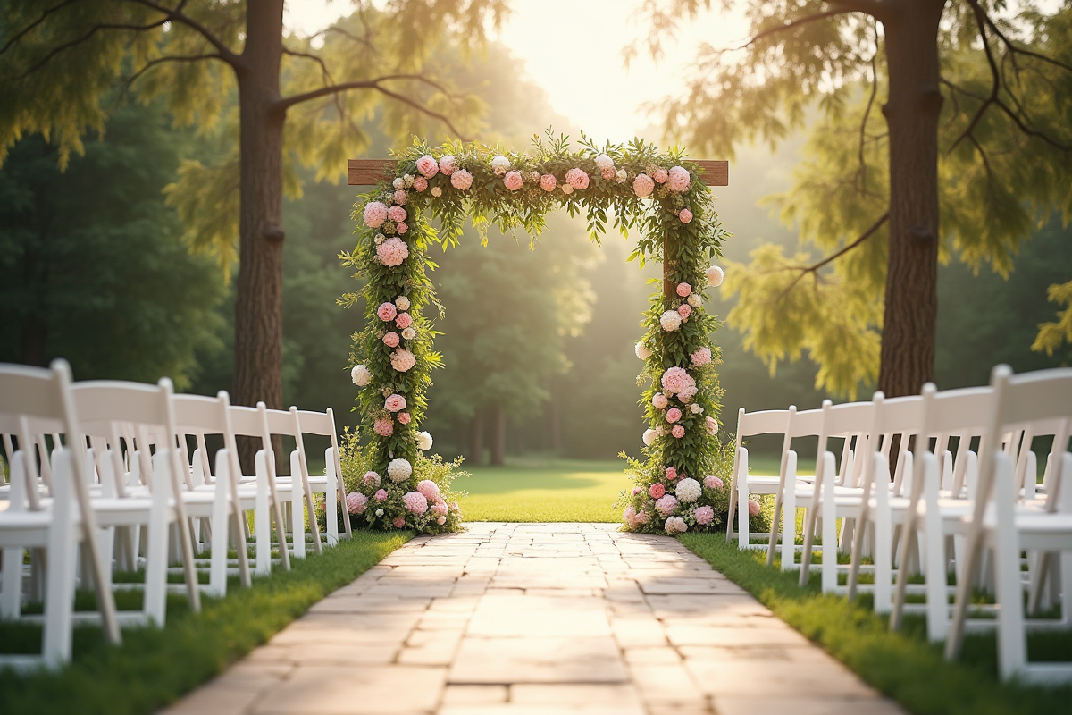 Cérémonie de mariage en plein air avec chaises blanches et arche florale