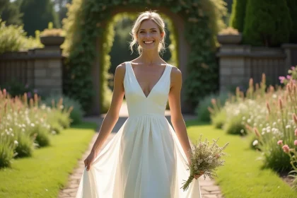 Jeune femme en robe blanche dans un jardin ensoleille