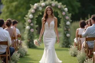 Jeune mariée en robe de dentelle dans un jardin romantique