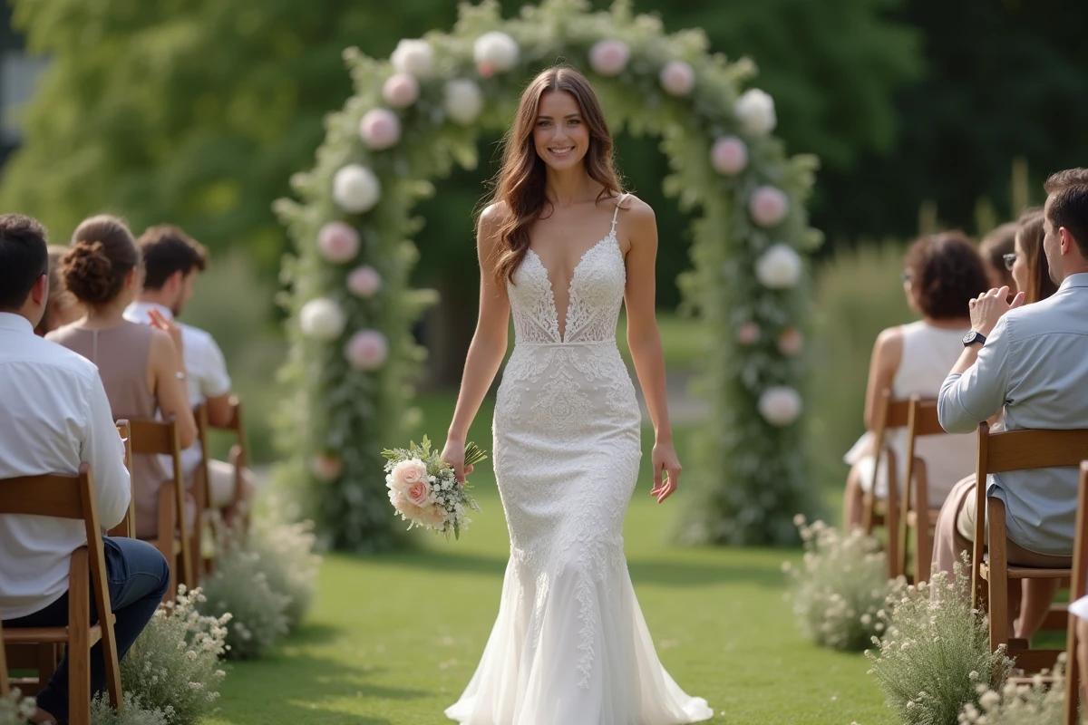 Jeune mariée en robe de dentelle dans un jardin romantique