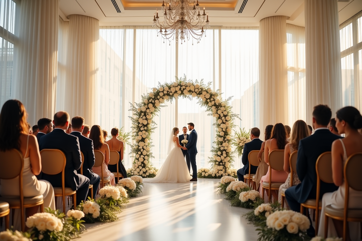 Cérémonie de mariage intérieure dans une salle lumineuse et moderne avec invités