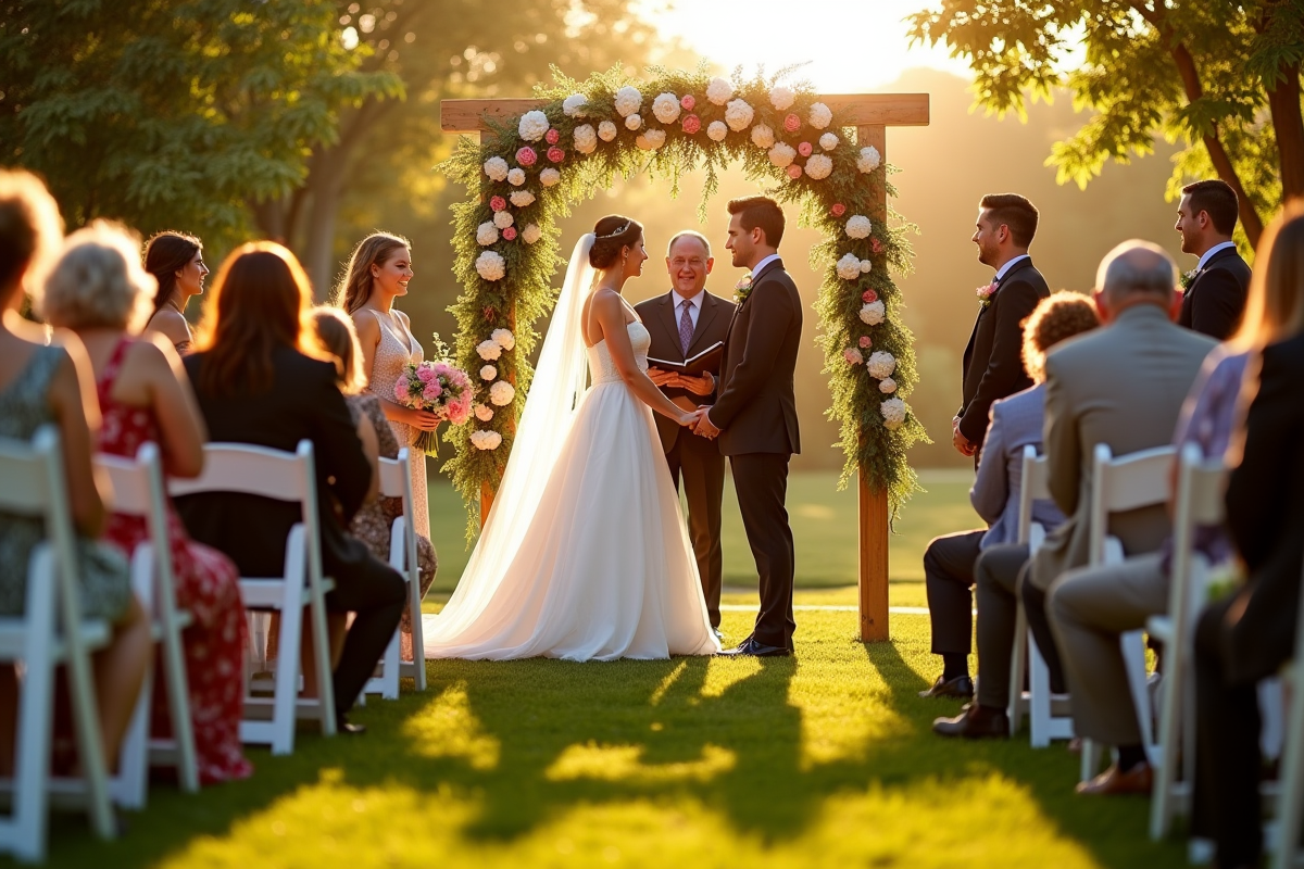 Cérémonie de mariage en plein air à l'heure dorée avec invités et arches fleuries