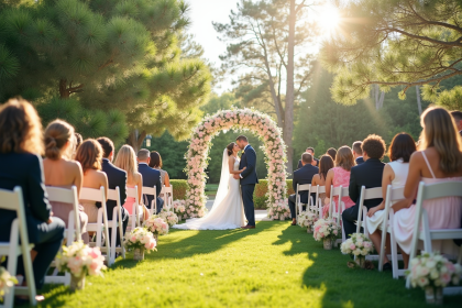 Cérémonie de mariage en plein air avec arche florale et invités
