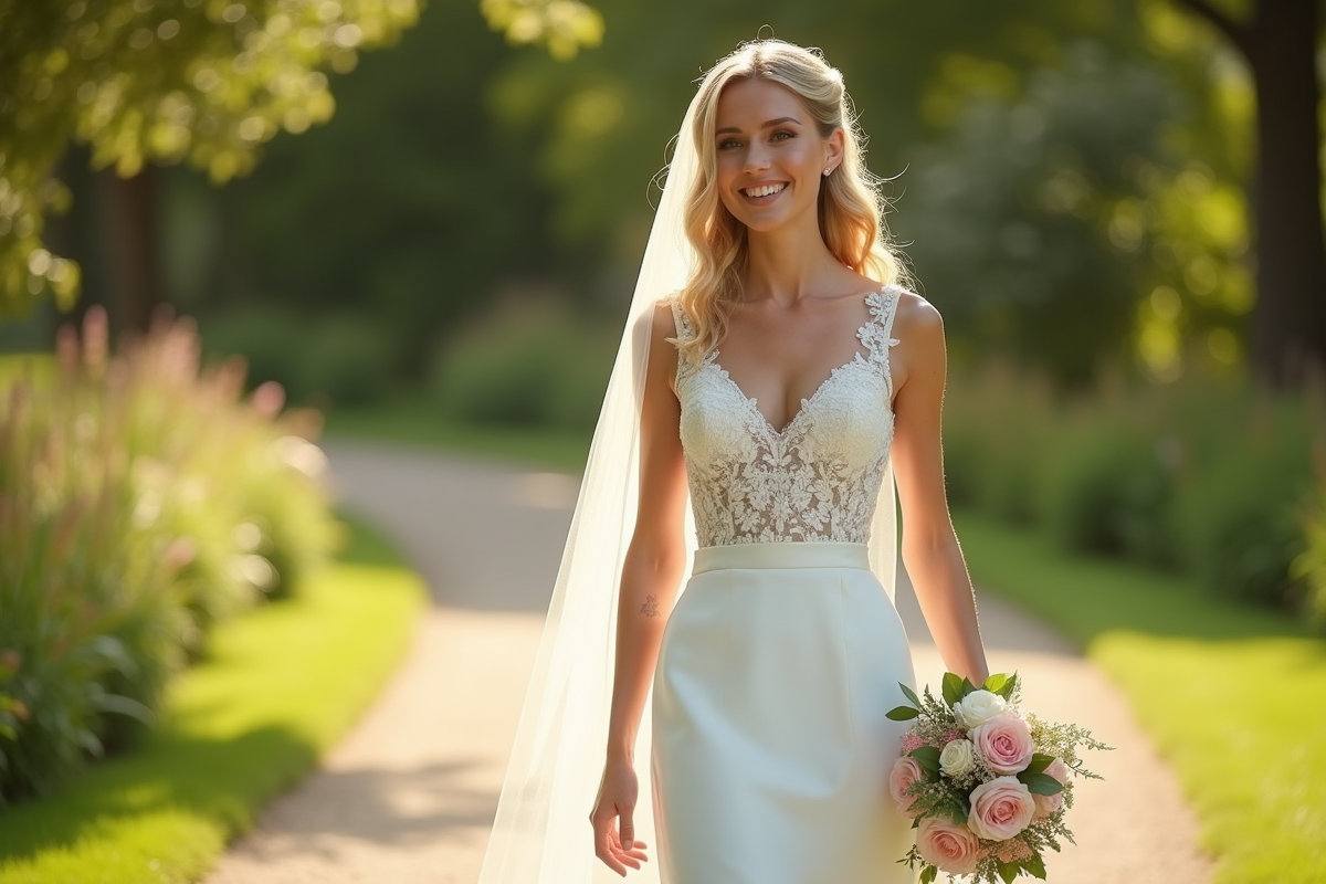 Mariée souriante marchant dans un jardin ensoleille avec robe blanche