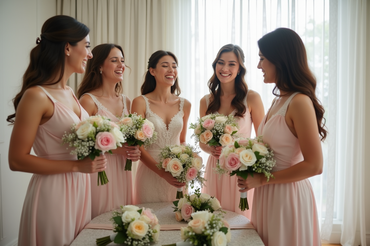 Mariée et demoiselles d'honneur autour d'une table de fleurs
