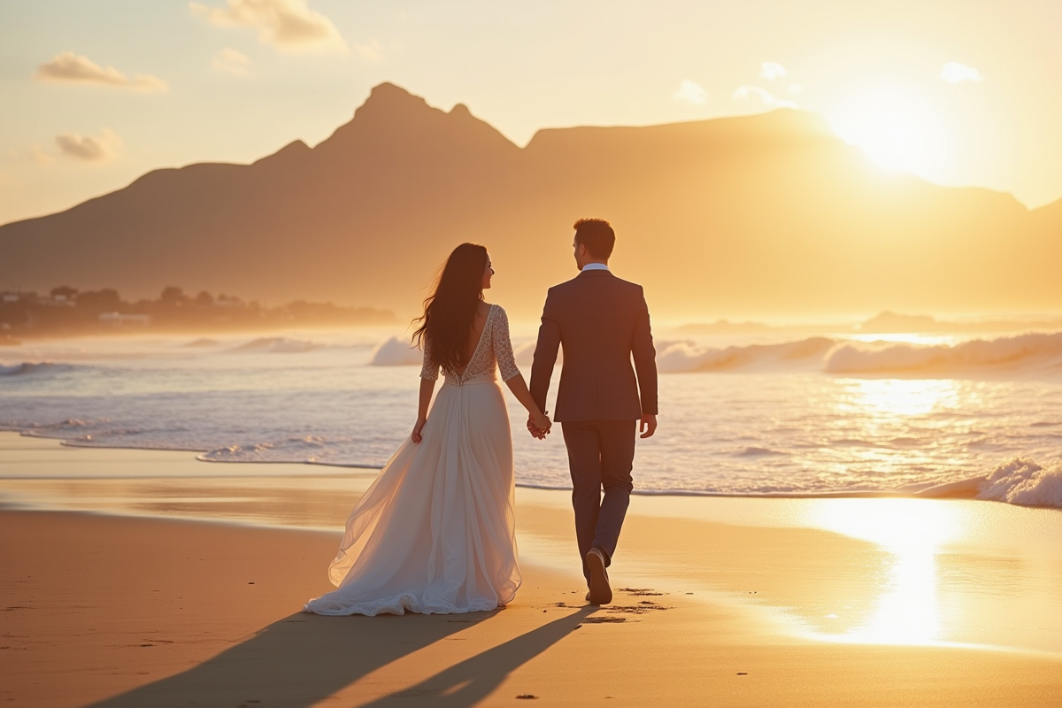 Jeune couple marchant sur la plage au coucher du soleil en Afrique