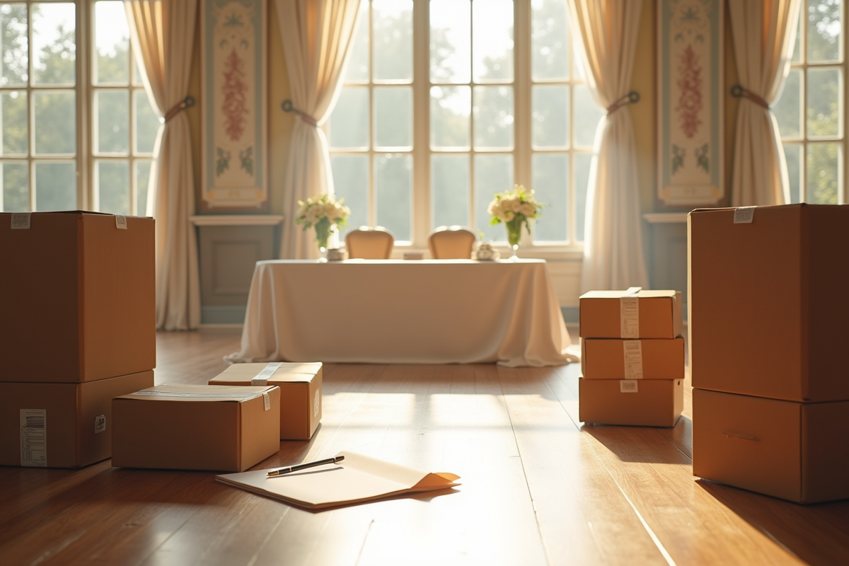 Salle de mariage en préparation avec table partiellement décorée