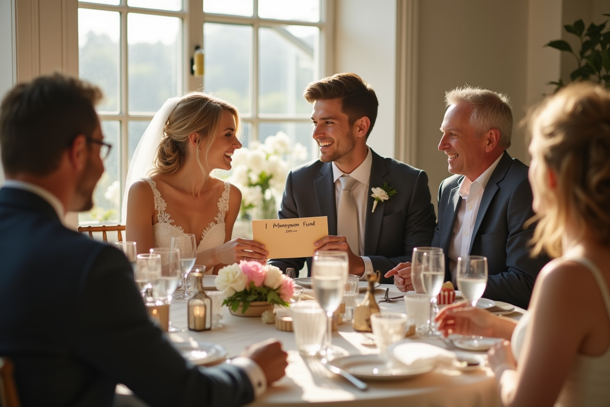 Jeune couple riant lors d'une reception de mariage avec famille et amis
