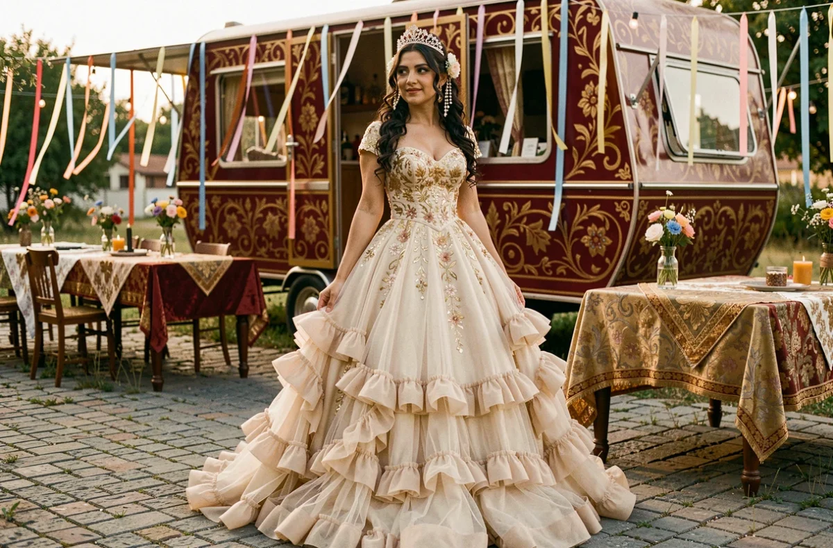 Mariée gitane en robe traditionnelle ornée devant un roulotte décorée lors d'une fête de mariage romani