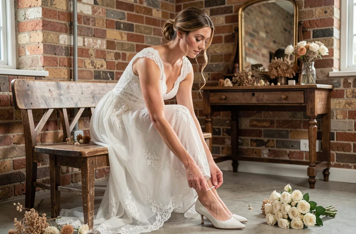 Mariée assise enfilant des escarpins blancs en cuir dans une loge de préparation décorée avec miroir vintage et fleurs séchées