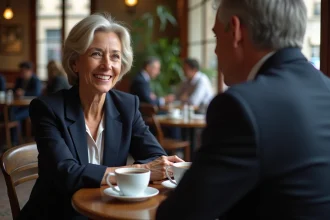 Couple de journalistes en conversation intime dans un café parisien, illustrant la relation de Maryse Burgot et son mari