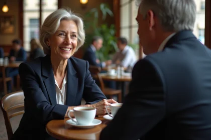 Couple de journalistes en conversation intime dans un café parisien, illustrant la relation de Maryse Burgot et son mari