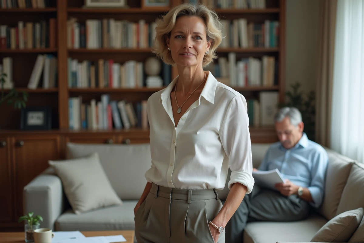 Femme journaliste dans un intérieur parisien raffiné avec son partenaire visible en arrière-plan, illustration de la vie de couple de Maryse Burgot