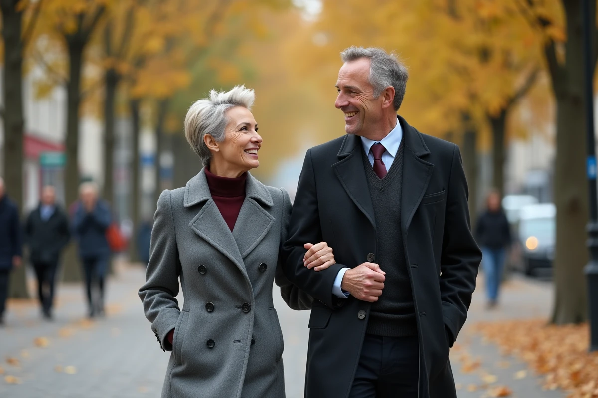 Couple élégant se promenant sur un boulevard parisien en automne, évoquant la vie personnelle de Maryse Burgot et son compagnon