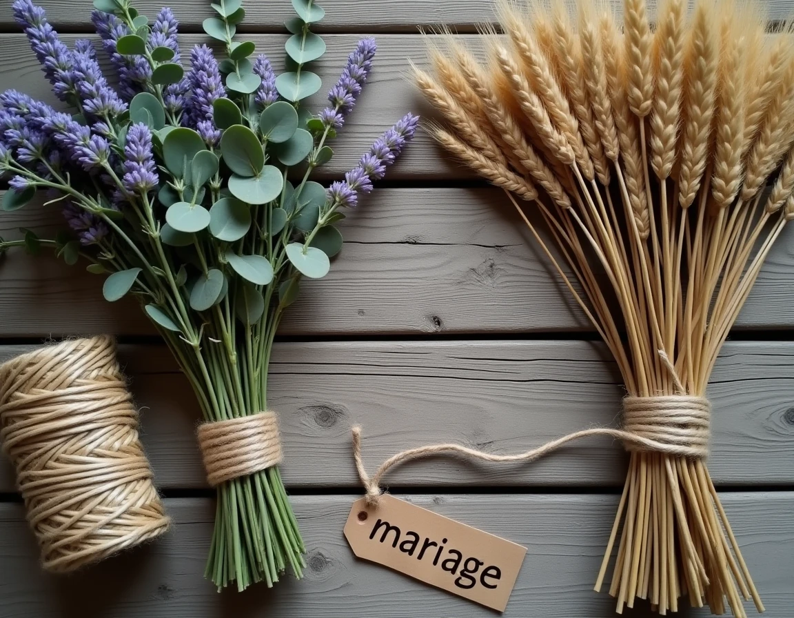 Matériaux naturels pour fabriquer un balai de mariage écologique : lavande séchée, eucalyptus, blé et ficelle de jute sur bois