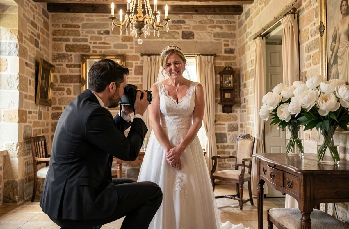Photographe de mariage Moments To Mean capturant un instant émouvant entre une mariée et sa mère dans un château normand