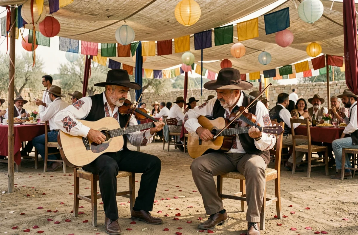 Musiciens gitans jouant guitare et violon lors d'un mariage traditionnel romani en plein air