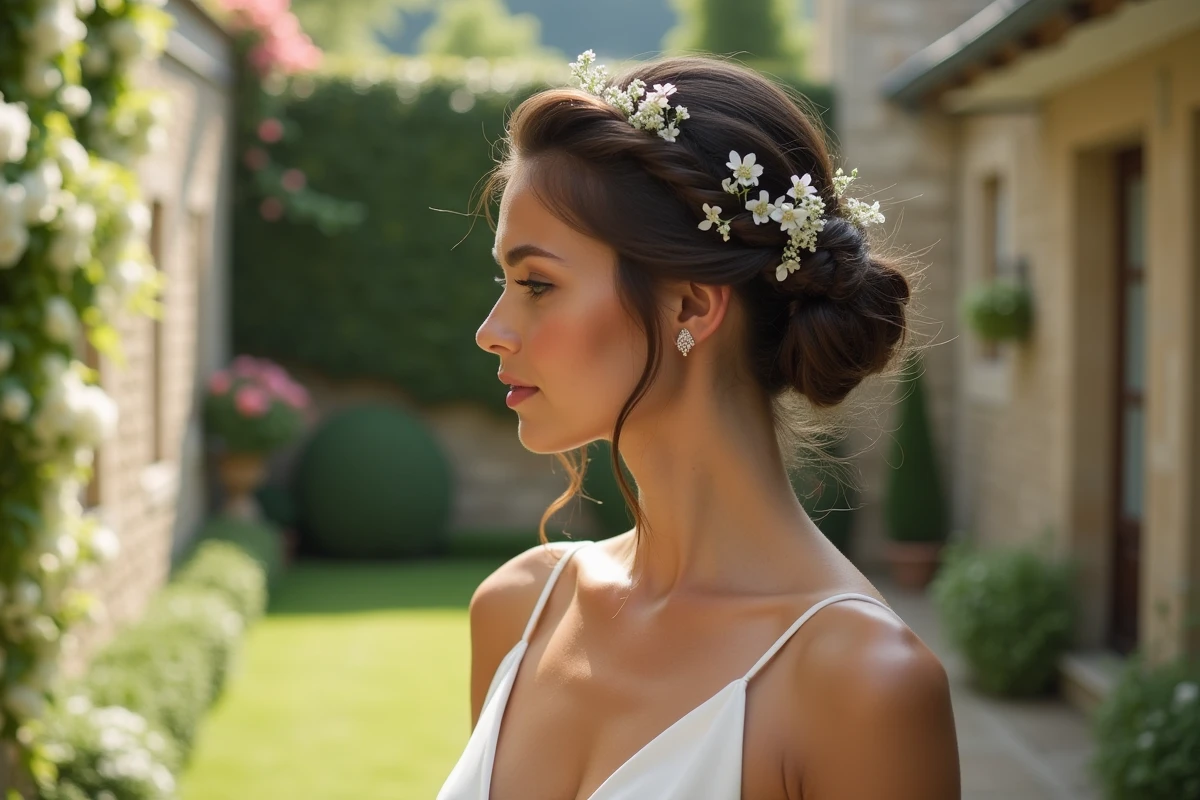 Mariée aux cheveux courts en natte fishtail ornée de fleurs blanches dans un jardin de pierre en campagne française