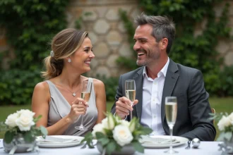 Couple célébrant leurs noces d'argent dans un jardin français avec des coupes de champagne et des décorations argentées