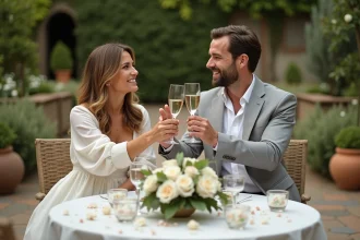 Couple fêtant ses 15 ans de mariage aux noces de cristal dans un jardin avec coupes en cristal et décoration florale blanche