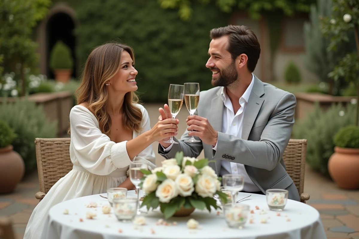 Couple fêtant ses 15 ans de mariage aux noces de cristal dans un jardin avec coupes en cristal et décoration florale blanche