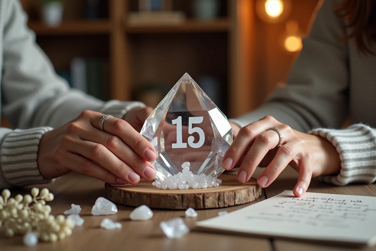 Mains d'un couple tenant un ornement en cristal gravé du chiffre 15 pour commémorer leurs noces de cristal