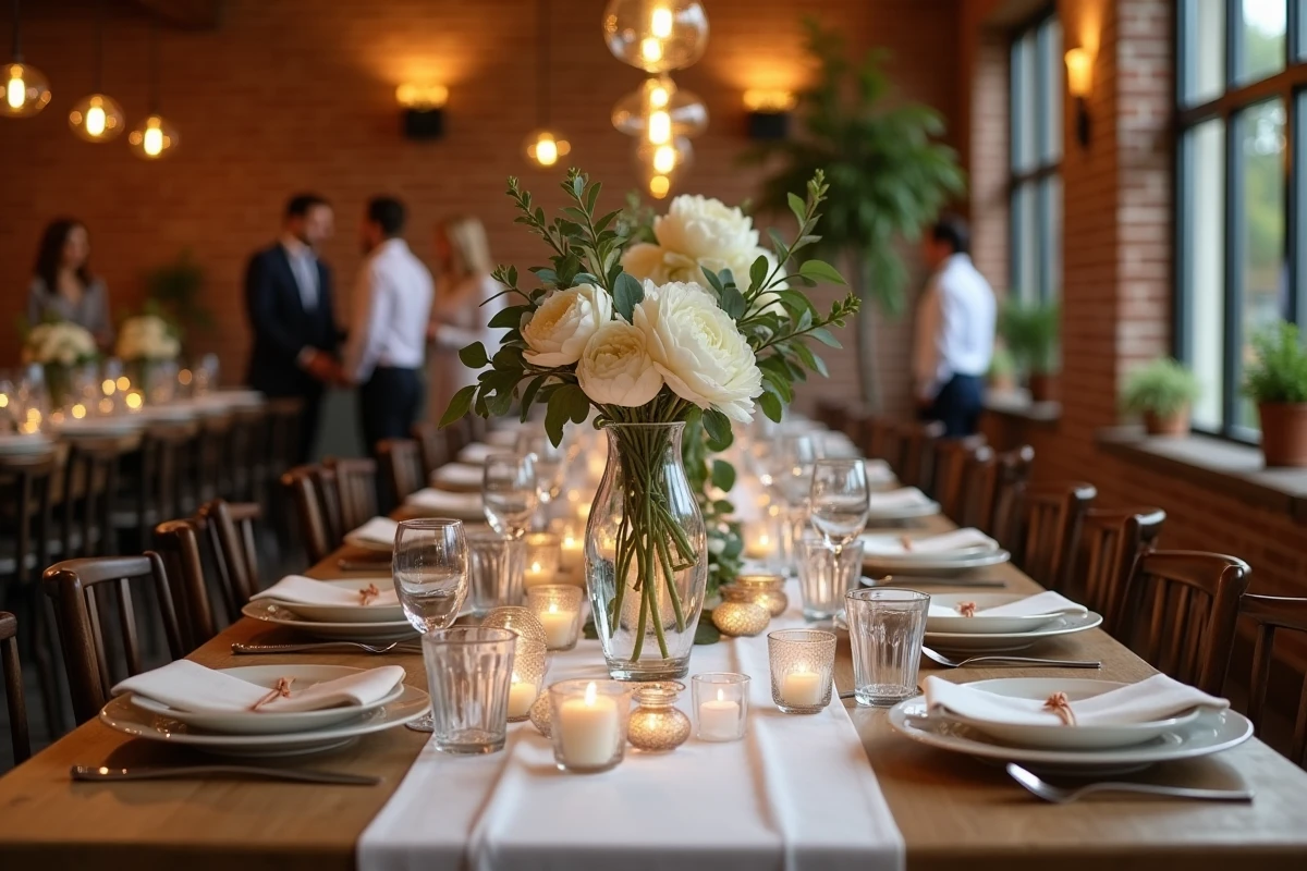 Table de fête élégante pour un anniversaire de mariage noces de cristal avec vases en cristal et pivoines blanches