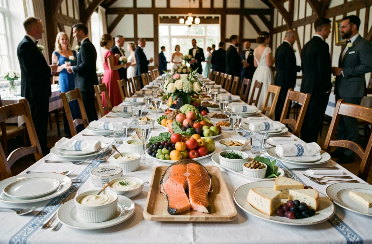 Grand banquet de mariage normand dressé par Normandie Traiteur avec saumon poché, fromages locaux et produits de saison