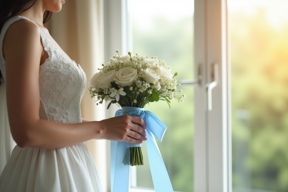 Mariée nouant un ruban bleu sur son bouquet blanc